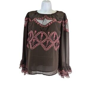 Anthropologie Long Sleeve Applique Blouse Brown Pink Embroidered Ruffle Chiffon